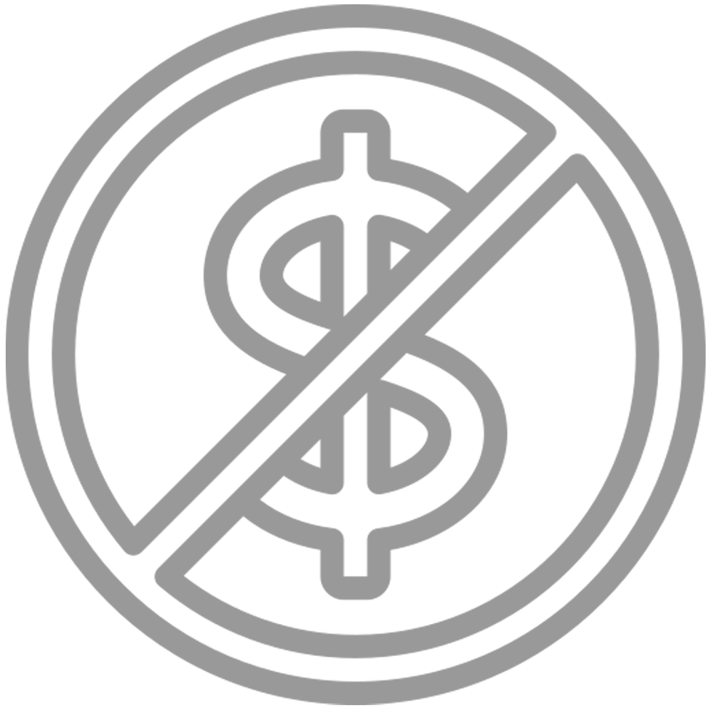 An icon showing a dollar sign with a no line
