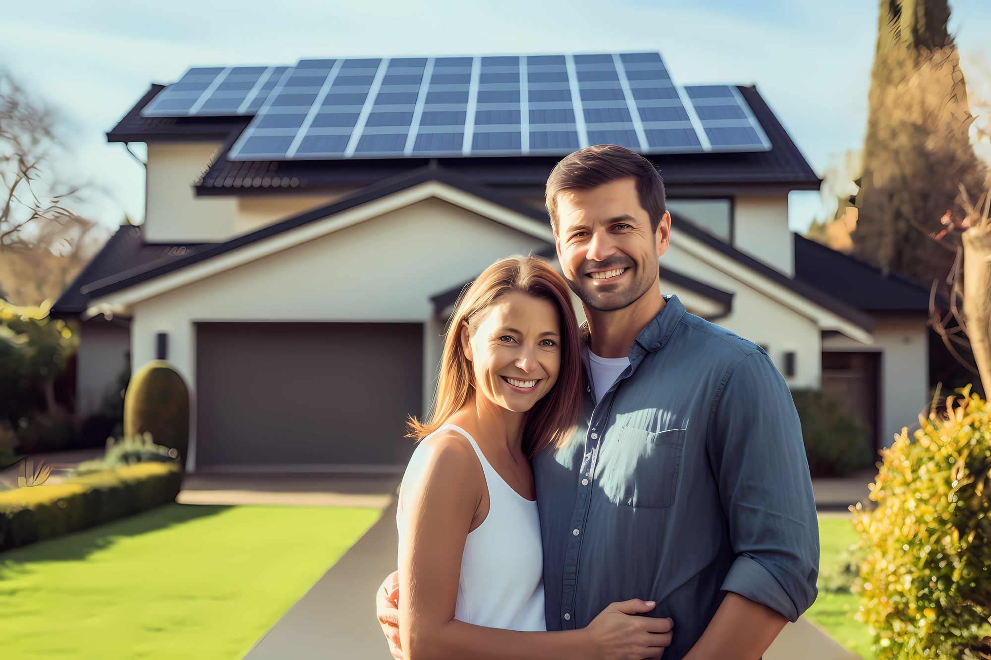A happy couple in front of a house that has solar panels installed